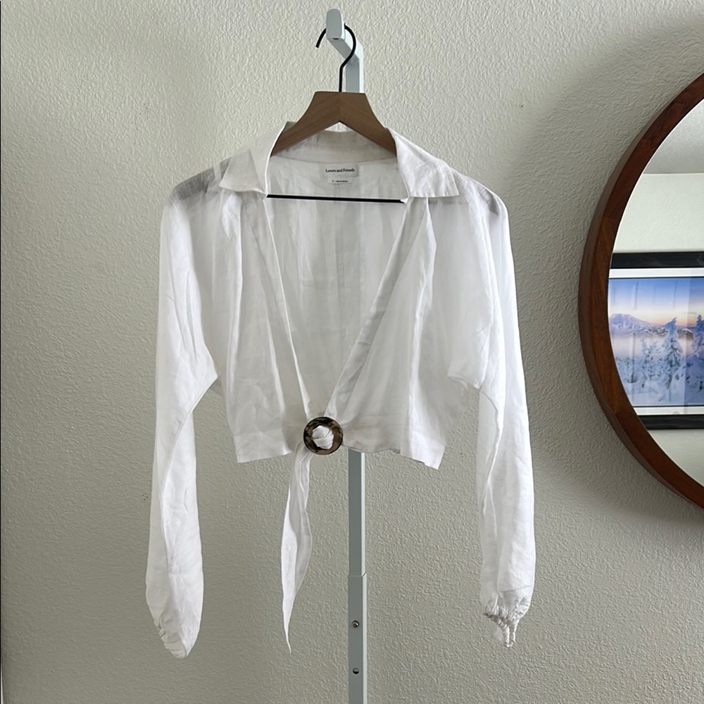 Lovers + Friends White Crop Top with Puff Sleeves and Tie Front